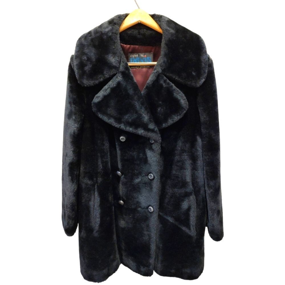 GORGEOUS black faux fur dbl-breasted coat with 3 buttons, by Davis of Boston.